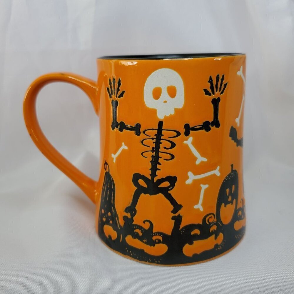 Halloween Mug Orange Skeleton Funny Bones And Spooky Pumpkins Coffee Cup
